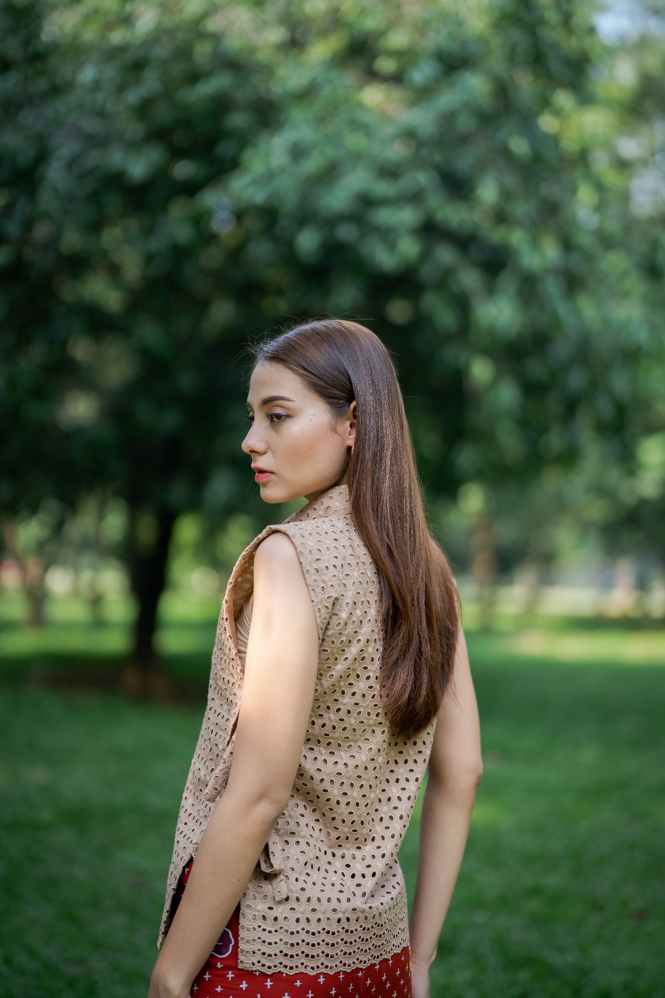 Eyelet Tie Side Blouse | Khaki