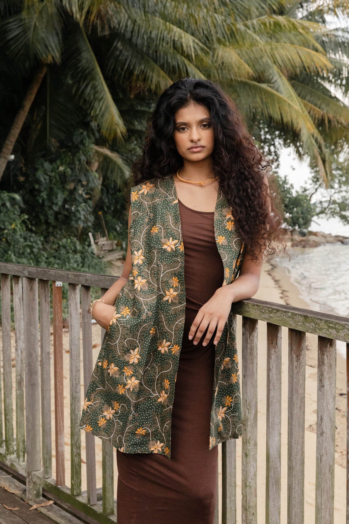 Batik Long Line Vest | Taman Sari Olive