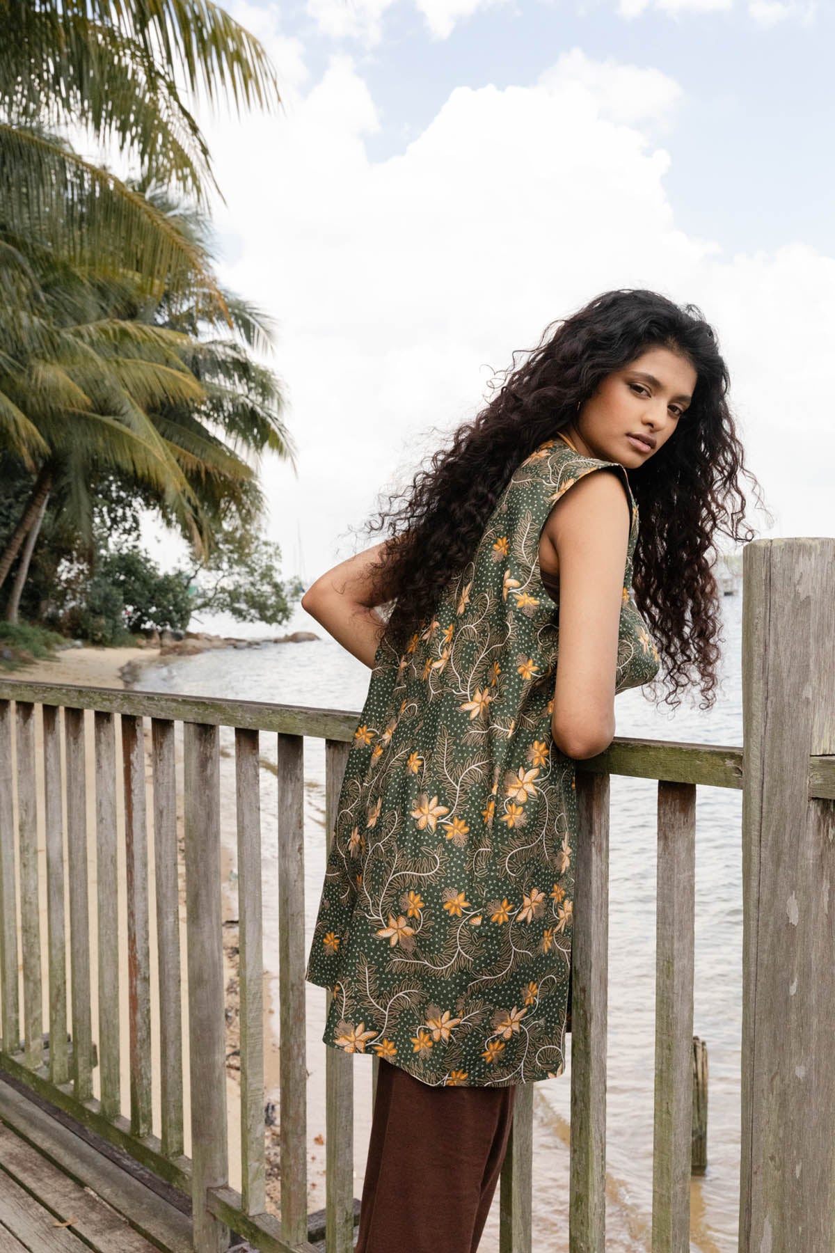 Batik Long Line Vest | Taman Sari Olive